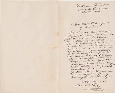 Lettre de Félicien Rops à [Eugène] Rodrigues. Tatra-Füred, 1885/08/14. Province de Namur, musée Félicien Rops, Amis/RAM/62