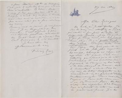 Lettre de Félicien Rops à [Eugène] Rodrigues. [Paris], 1882/11/27. Province de Namur, musée Félicien Rops, Amis/RAM/7