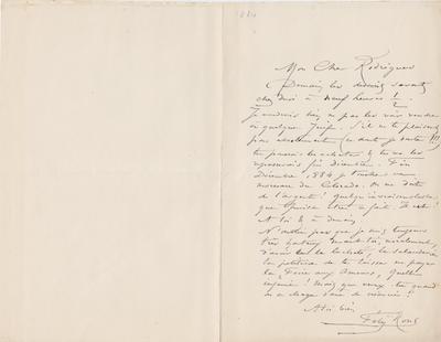 Lettre de Félicien Rops à [Eugène] Rodrigues. [Paris], 1884/12/04. Province de Namur, musée Félicien Rops, Amis/RAM/71