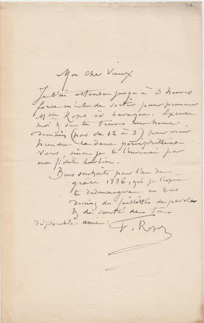 Lettre de Félicien Rops à [Eugène] [Rodrigues]. s.l., 1885/12/00. Province de Namur, musée Félicien Rops, Amis/RAM/74