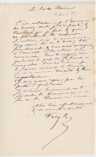 Lettre de Félicien Rops à [Eugène] [Rodrigues]. Corbeil-Essonnes, 1886/08/16. Province de Namur, musée Félicien Rops, Amis/RAM/81