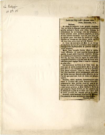 Copie non autographe de Félicien Rops à [mère d'Alice] Renaux [Renaud]. Paris, 0000/00/00. Province de Namur, musée Félicien Rops, Amis/RAM/85