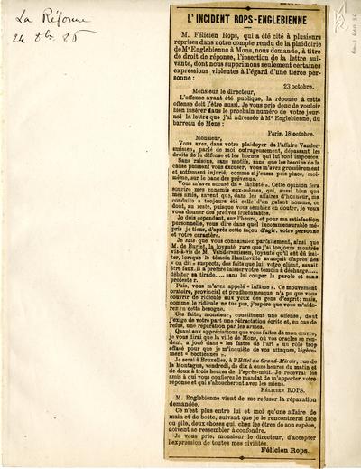 Copie non autographe de Félicien Rops à Directeur du journal "La Réforme". s.l., 1886/10/23. Province de Namur, musée Félicien Rops, Amis/RAM/86