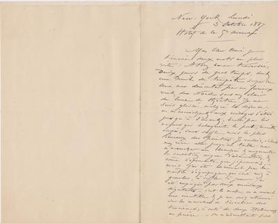 Lettre de Félicien Rops à Eugène Rodrigues. New York, 1887/10/03. Province de Namur, musée Félicien Rops, Amis/RAM/92