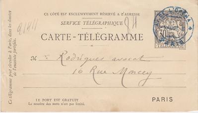 Carte-Télégramme de Félicien Rops à [Eugène] Rodrigues. [Paris], 1886/08/06. Province de Namur, musée Félicien Rops, Amis/RAM/96