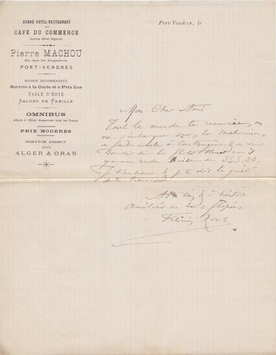 Lettre de Félicien Rops à Eugène Rodrigues. [Port-Vendres], 1888/12/19. Province de Namur, musée Félicien Rops, Amis/RAM/97