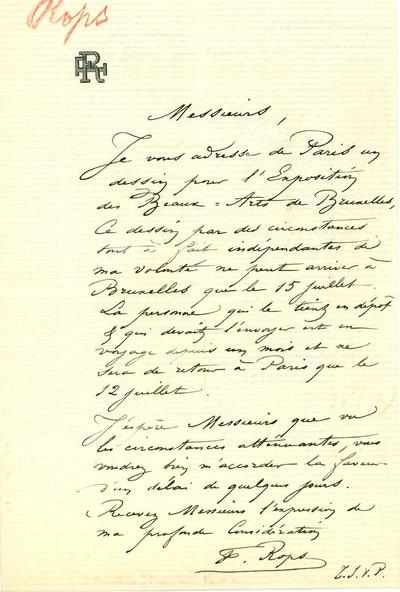 Lettre de Félicien Rops à Commission directrice de l'Exposition générale des Beaux-Arts de Bruxelles. s.l., 1869/07/10. Bruxelles, Musées Royaux des Beaux-Arts de Belgique, AMRBAB/FSTB/1869/1817