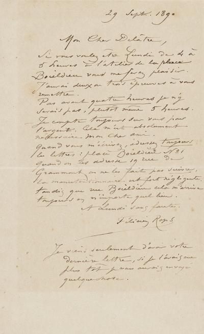 Lettre de Félicien Rops à [Auguste] Delâtre. s.l., 1890/09/29. Province de Namur, musée Félicien Rops, APC/27193/12