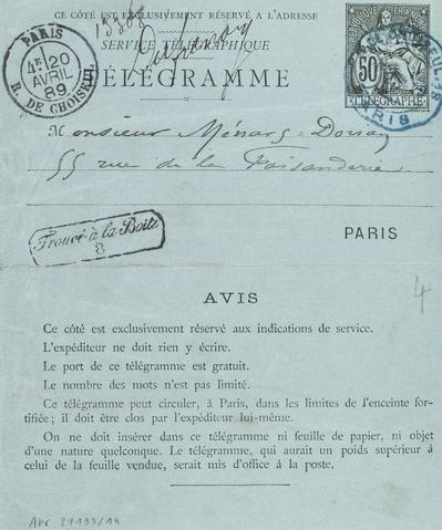 Télégramme de Félicien Rops à [Paul] Ménard-Dorian. [Paris], 1889/04/20. Province de Namur, musée Félicien Rops, APC/27193/14