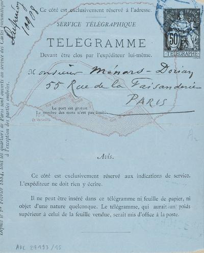 Télégramme de Félicien Rops à [Paul] Ménard-Dorian. [Paris], 1885/01/20. Province de Namur, musée Félicien Rops, APC/27193/15