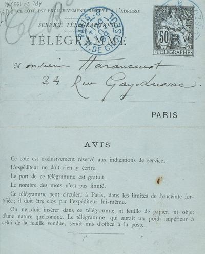 Télégramme de Félicien Rops à [Edmond] Haraucourt. [Paris], 1889/11/20. Province de Namur, musée Félicien Rops, APC/27193/16