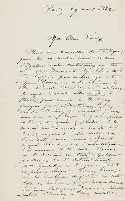 Lettre de Félicien Rops à Léon Dommartin. Paris, 1882/03/29. Province de Namur, musée Félicien Rops, APC/27193/2