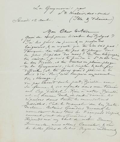 Lettre de Félicien Rops à Octave [Uzanne]. Saint-Méloir-des-Ondes, 1893/08/12. Province de Namur, musée Félicien Rops, APC/27193/23