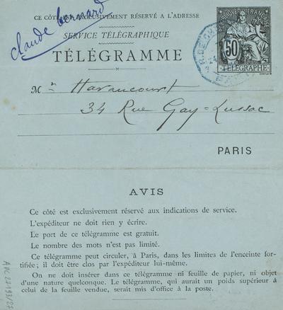 Télégramme de Félicien Rops à [Edmond] Haraucourt. [Paris], 1888/10/24. Province de Namur, musée Félicien Rops, APC/27193/27