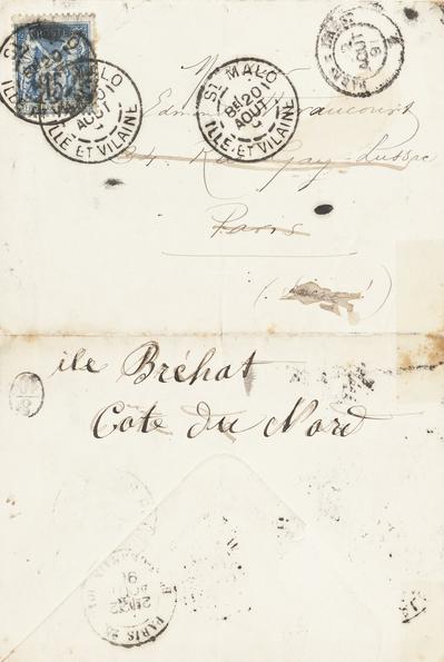 Lettre-enveloppe de Félicien Rops à Edmond Haraucourt. Saint-Malo, 1891/08/19. Province de Namur, musée Félicien Rops, APC/27193/30