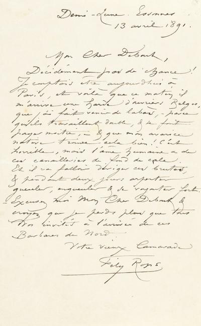 Lettre de Félicien Rops à [Inconnu] Debout. Corbeil-Essonnes, 1891/04/13. Province de Namur, musée Félicien Rops, APC/27193/31