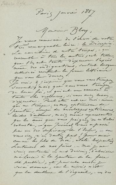 Lettre de Félicien Rops à [Léon] Bloy. Paris, 1887/01/00. Province de Namur, musée Félicien Rops, APC/27194/12