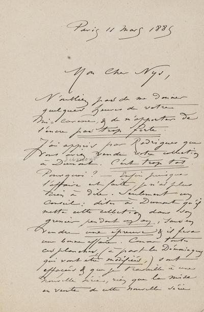 Lettre de Félicien Rops à [François] Nys. Paris, 1885/03/11. Province de Namur, musée Félicien Rops, APC/27194/19