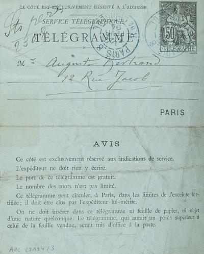 Télégramme de Félicien Rops à Auguste Bertrand. [Paris], 1894/02/22. Province de Namur, musée Félicien Rops, APC/27194/3