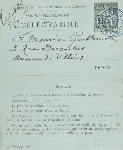 Télégramme de Félicien Rops à Maurice Guillemot. [Paris], 1889/10/12. Province de Namur, musée Félicien Rops, APC/27194/34