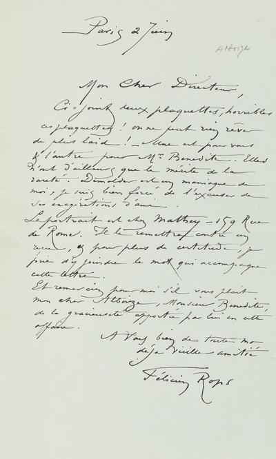 Lettre de Félicien Rops à Jean Alboize. Paris, 0000/06/02. Province de Namur, musée Félicien Rops, APC/27194/48a et APC/27194/48b