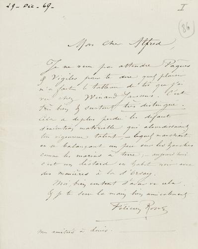 Lettre de Félicien Rops à Alfred [Verwée]. s.l., 1869/12/29. Province de Namur, musée Félicien Rops, APC/27194/52