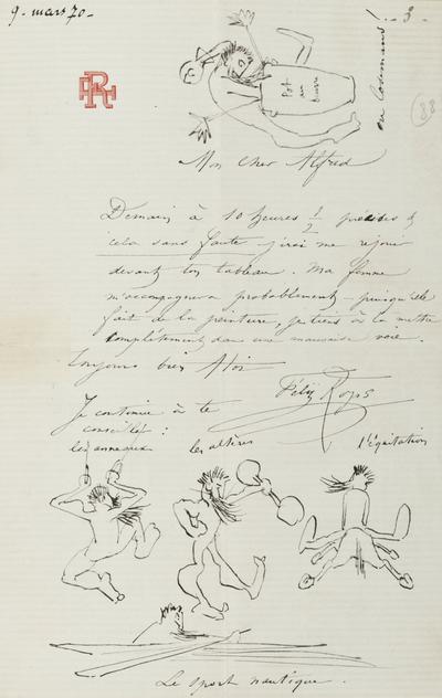 Lettre de Félicien Rops à Alfred [Verwée]. s.l., 1870/03/09. Province de Namur, musée Félicien Rops, APC/27194/54