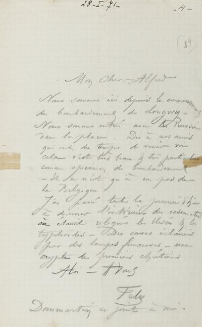 Lettre de Félicien Rops à Alfred [Verwée]. [Longwy], 1871/01/28. Province de Namur, musée Félicien Rops, APC/27194/55