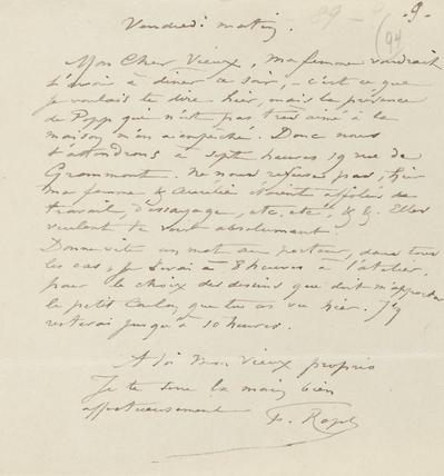 Lettre de Félicien Rops à Inconnu. [Paris], 0000/00/00. Province de Namur, musée Félicien Rops, APC/27194/60