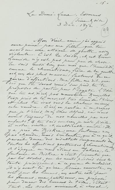 Lettre de Félicien Rops à Alfred [Verwée]. Corbeil-Essonnes, 1892/12/03. Province de Namur, musée Félicien Rops, APC/27194/65