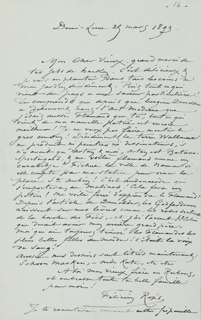 Lettre de Félicien Rops à [Alfred] [Verwée]. Corbeil-Essonnes, 1893/03/25. Province de Namur, musée Félicien Rops, APC/27194/66