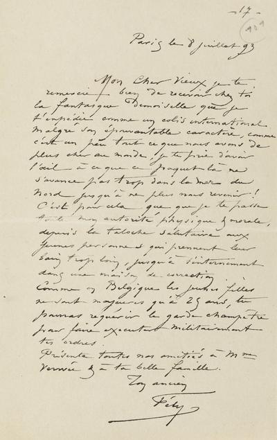 Lettre de Félicien Rops à [Alfred] [Verwée]. Paris, 1893/07/08. Province de Namur, musée Félicien Rops, APC/27194/67