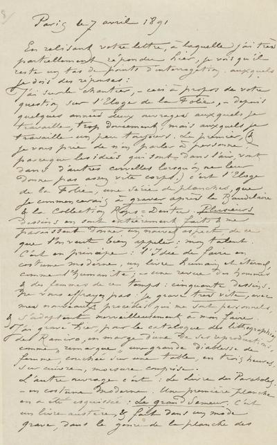 Lettre de Félicien Rops à [Edmond] [Deman]. Paris, 1891/04/07. Province de Namur, musée Félicien Rops, APC/27194/72