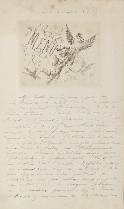 Lettre avec épreuve de Félicien Rops à [Octave] [Uzanne]. Paris, 1881/11/30. Province de Namur, musée Félicien Rops, APC/27194/73