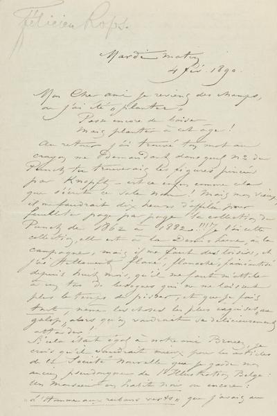 Lettre de Félicien Rops à Eugène Demolder. [Paris], 1890/02/04. Province de Namur, musée Félicien Rops, APC/27194/84