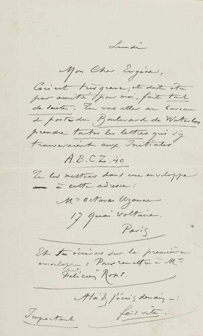 Lettre de Félicien Rops à Eugène [Demolder]. s.l., 0000/00/00. Province de Namur, musée Félicien Rops, APC/27194/85