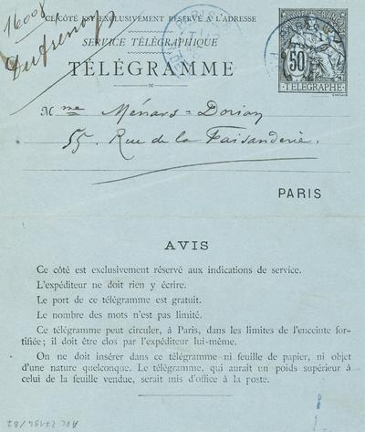 Télégramme de Félicien Rops à [Aline] Ménard-Dorian. [Paris], 1891/03/12. Province de Namur, musée Félicien Rops, APC/27194/87