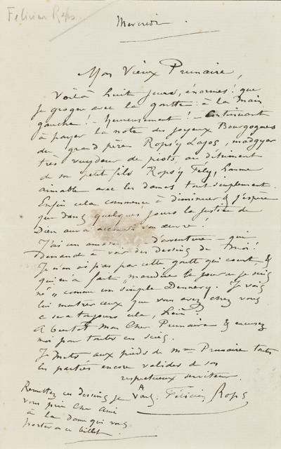 Lettre de Félicien Rops à [Alfred] Prunaire. [Paris], 0000/00/00. Province de Namur, musée Félicien Rops, APC/27194/88