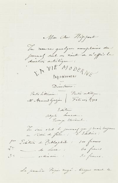 Lettre de Félicien Rops à [Théodore] Hippert. s.l., 1872/00/00. Province de Namur, musée Félicien Rops, APC/27194/91