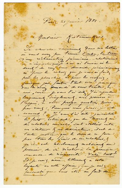 Lettre de Félicien Rops à [Henry] Kistemaeckers. Paris, 1881/01/21. Morlanwelz, Musée royal de Mariemont, Aut/1184b