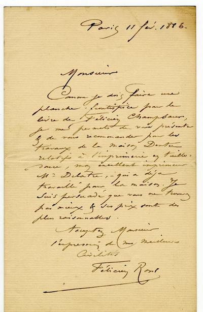 Lettre de Félicien Rops à [Edouard] [Dentu?]. Paris, 1886/02/11. Morlanwelz, Musée royal de Mariemont, Aut/1184c