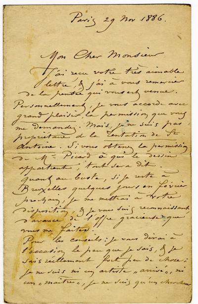 Lettre de Félicien Rops à [Arthur?] [Craco?]. Paris, 1886/11/29. Morlanwelz, Musée royal de Mariemont, Aut/1184d/1