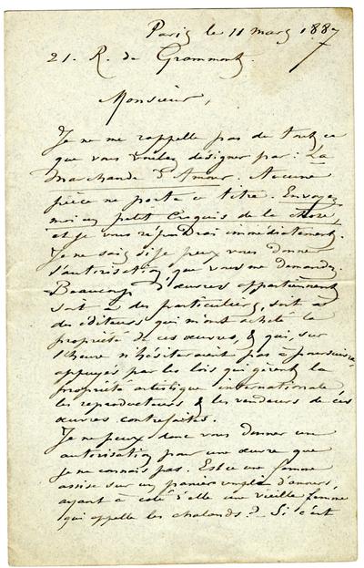 Lettre de Félicien Rops à [Arthur?] [Craco?]. Paris, 1887/03/11. Morlanwelz, Musée royal de Mariemont, Aut/1184d/2