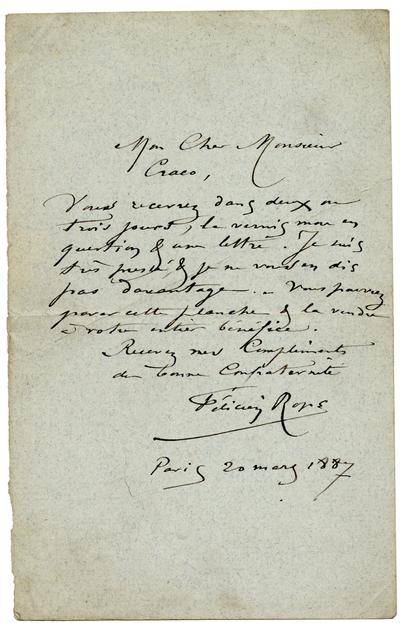 Lettre de Félicien Rops à [Arthur] Craco. Paris, 1887/03/20. Morlanwelz, Musée royal de Mariemont, Aut/1184d/3