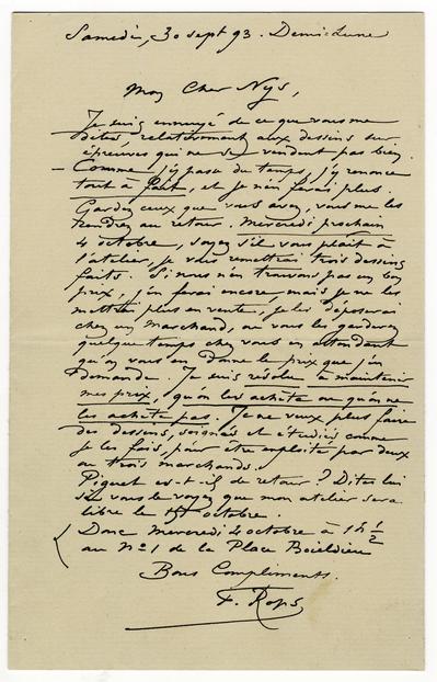 Lettre de Félicien Rops à [François] Nys. Corbeil-Essonnes, 1893/09/30. Morlanwelz, Musée royal de Mariemont, Aut/1184e