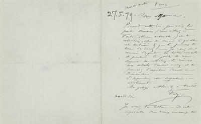 Lettre de Félicien Rops à Maurice [Bonvoisin]. Paris, 1879/05/27. Province de Namur, musée Félicien Rops, Bon/LE/102