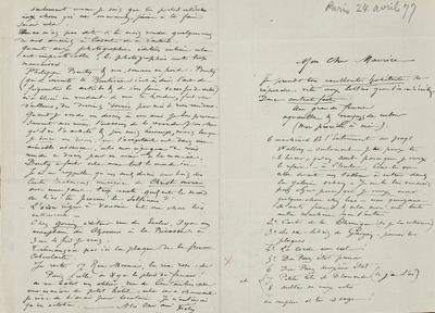 Lettre de Félicien Rops à Maurice [Bonvoisin]. [Paris], 1877/04/24. Province de Namur, musée Félicien Rops, Bon/LE/11