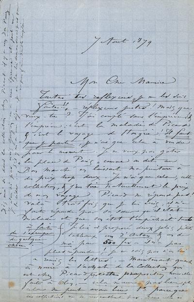 Lettre de Félicien Rops à Maurice [Bonvoisin]. [Paris], 1879/08/07. Province de Namur, musée Félicien Rops, Bon/LE/110
