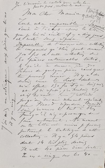 Lettre de Félicien Rops à Maurice [Bonvoisin]. [Paris], 1879/08/09. Province de Namur, musée Félicien Rops, Bon/LE/111