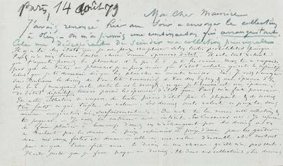 Lettre de Félicien Rops à Maurice [Bonvoisin]. [Paris], 1879/08/14. Province de Namur, musée Félicien Rops, Bon/LE/112